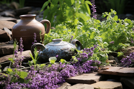 茶壶和盆栽植物图片