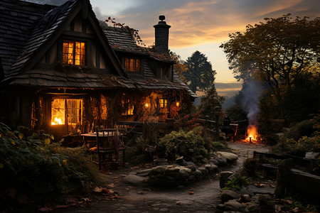夜幕下乡村木屋背景图片