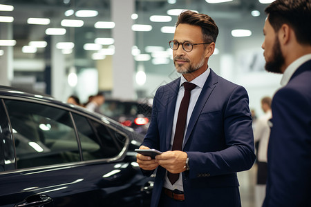 汽车企业宣传画册封面男人站在一辆汽车旁边背景