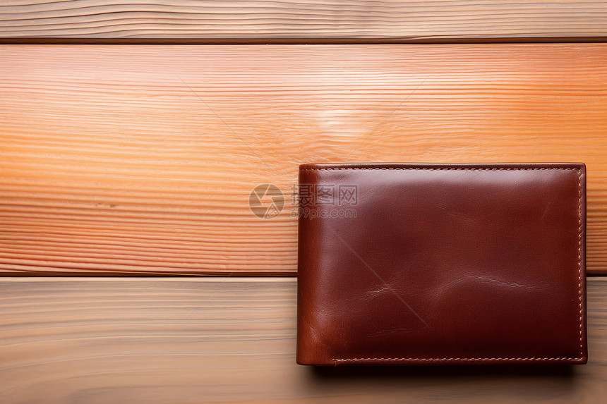 木板上的棕色钱包图片