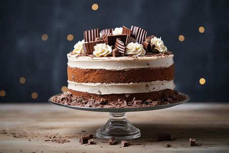 巧克力白霜蛋糕，金光闪烁背景下的蛋糕盘上，克拉拉·彼得斯的专业食物图片
