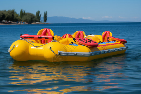 充气皮划艇湖上的黄色筏子背景