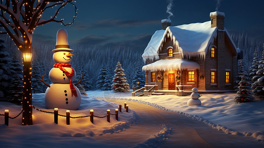 圣诞节里的雪人夜晚院子里的雪人插画