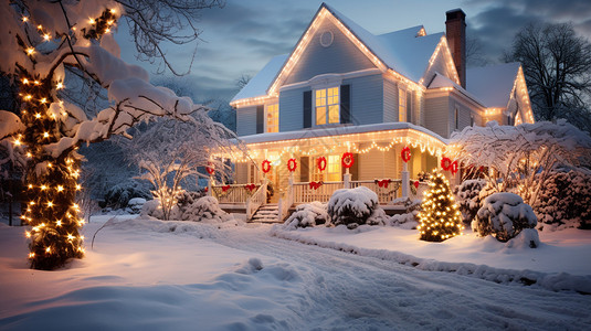 圣诞夜雪覆盖的院子高清图片
