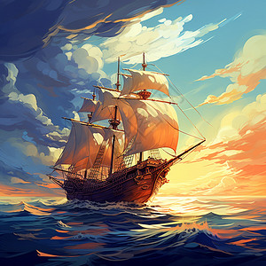 帆船启航扬帆起航的帆船插画