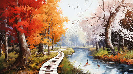 落叶木板春日秋景的绘图插画