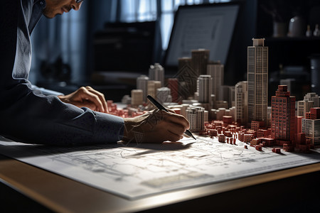 三维城市模型交易员手持绘图板背景