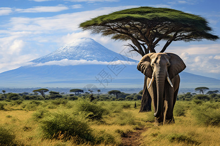 非洲大树大象穿越热带丛林背景