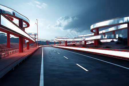 公路基础设施霓虹彩灯的街景插画