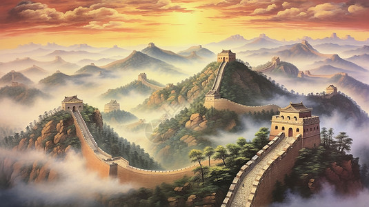 万里长城背景中国传统绘画插画