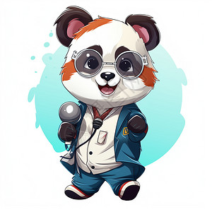 可爱动物医生拿着话筒的熊猫插画