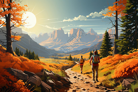 阳光登山秋季山间的徒步爱好者插画