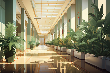 医院走廊上的绿植背景图片