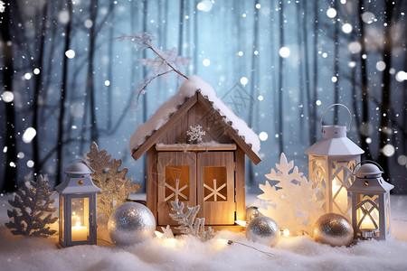 雪地里的圣诞装饰背景图片