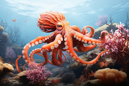 深海中章鱼的创意插图背景图片