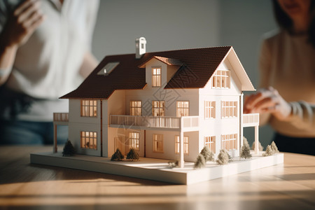 经纪人木桌上的房屋建筑模型背景
