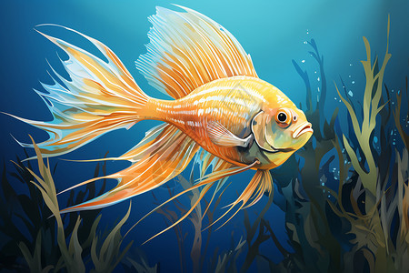 黄色海草海底的鱼儿和海草插画