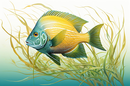 黄色海草海底的海葵鱼插画