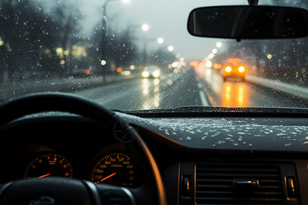 下雨时行走在道路上的汽车背景图片