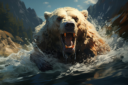 大水流水中奔跑的熊插画