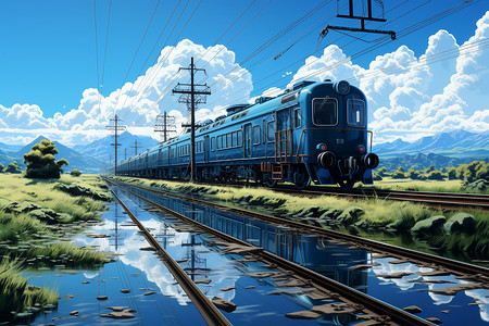 铁路道口和电线铁路上行驶的火车插画