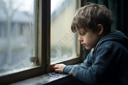 玻璃窗前孤寂的男孩图片