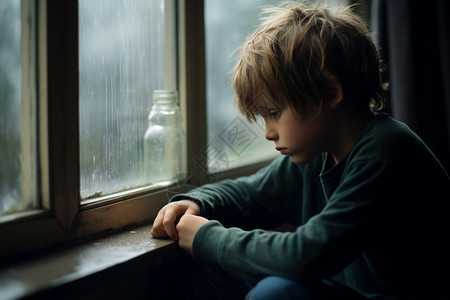 窗户旁孤独的男孩图片