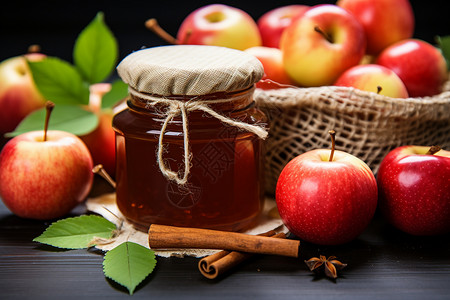 蜂蜜罐头和水果背景图片