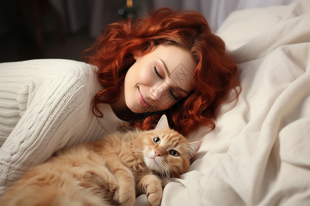 床上抱着小猫的女孩高清图片