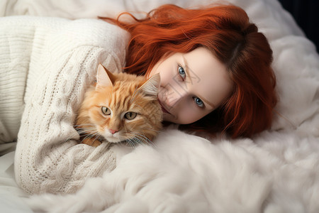床上抱着猫咪的女孩图片