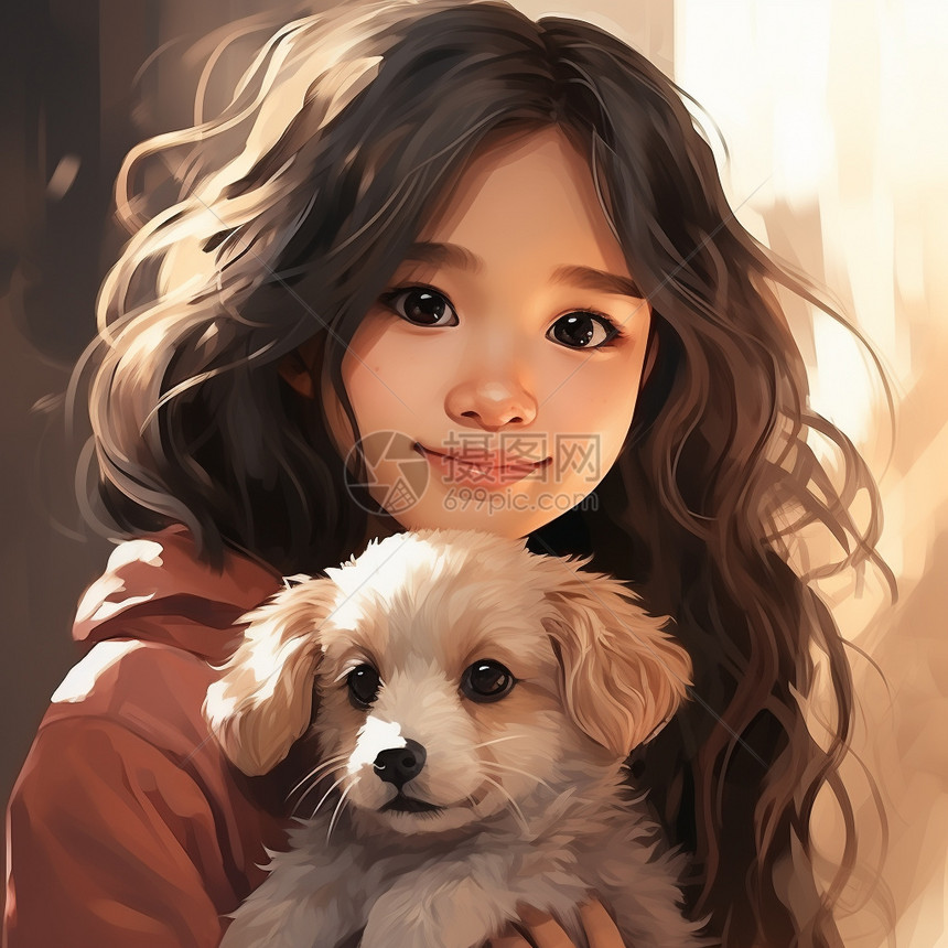 女孩与宠物的插图图片