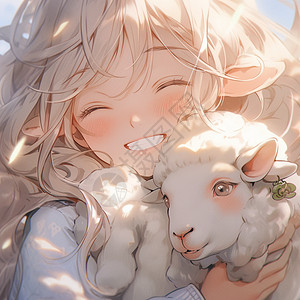 快乐的女孩与小绵羊背景图片