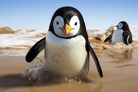 站在水中在海滩上企鹅设计图片