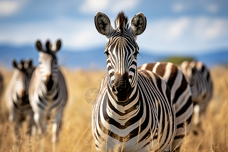 坦桑尼亚旅游在干草旁的斑马背景