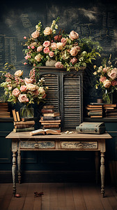 美丽的花朵和书籍背景图片