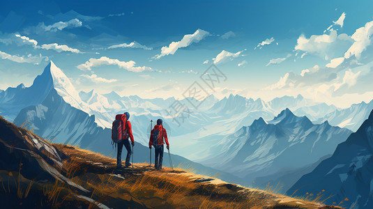 山顶石头山脉上的登山队插画