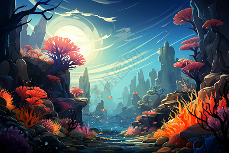 彩色鱼类彩色珊瑚礁插画