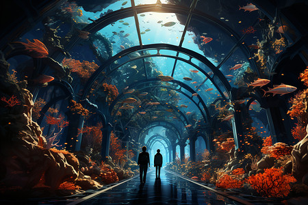胶州湾海底隧道晶莹玻璃海底隧道插画