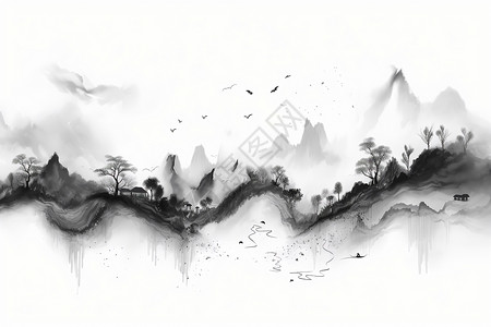 中式壁画静谧山水风景插画