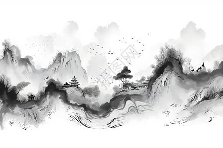 中式壁画山水风景插画插画