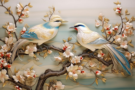 传统美学线绣展现的花鸟背景图片