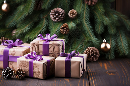 圣诞树丝带圣诞树和礼物背景