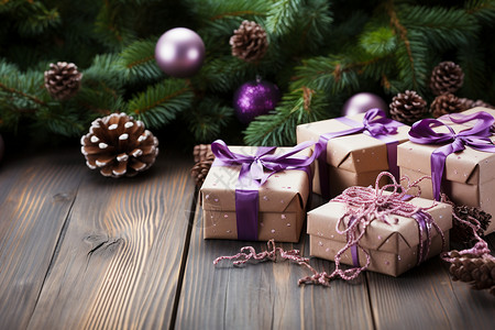 紫色装饰的圣诞礼物高清图片