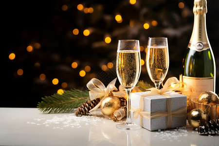 圣诞杯庆祝节日的香槟与礼物设计图片