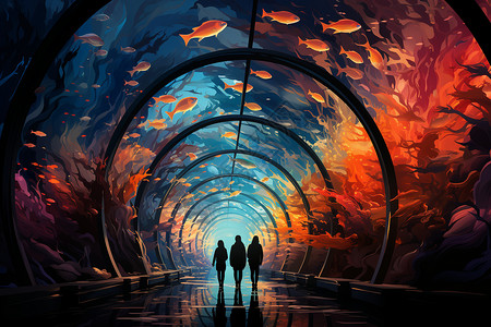 外滩观光隧道神奇的海底世界插画