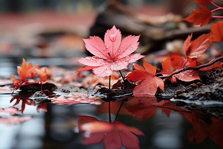 秋日枫叶在水中轻轻旋转高清图片