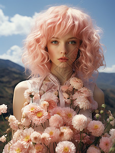 抱着粉色鲜花的女人高清图片