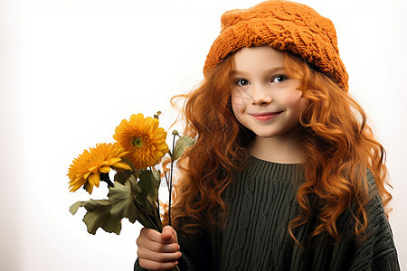 戴着帽子拿着花的可爱女孩图片