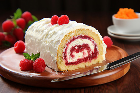 草莓瑞士卷美味的蛋糕背景