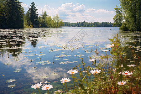 湖面上的景色图片